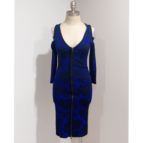 Cache Women's Blue/Black Knit Cold Shoulder Full Zip Bodycon Knit Dress Size XS - Picture 7 of 7